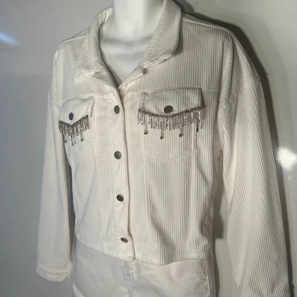 Savanna Jane White Corduroy Jacket with Silver Embellishments. Size Medium - Picture 3 of 6